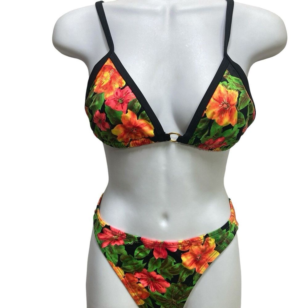 2 pc Swim Bathing Suit MANX Santa Cruz Small Floral Red Yellow Green made in USA
